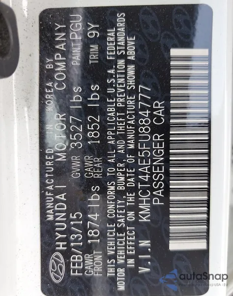 2015 Hyundai Accent Gls z USA, uszkodzony, nr VIN KMHCT4AE5FU884777